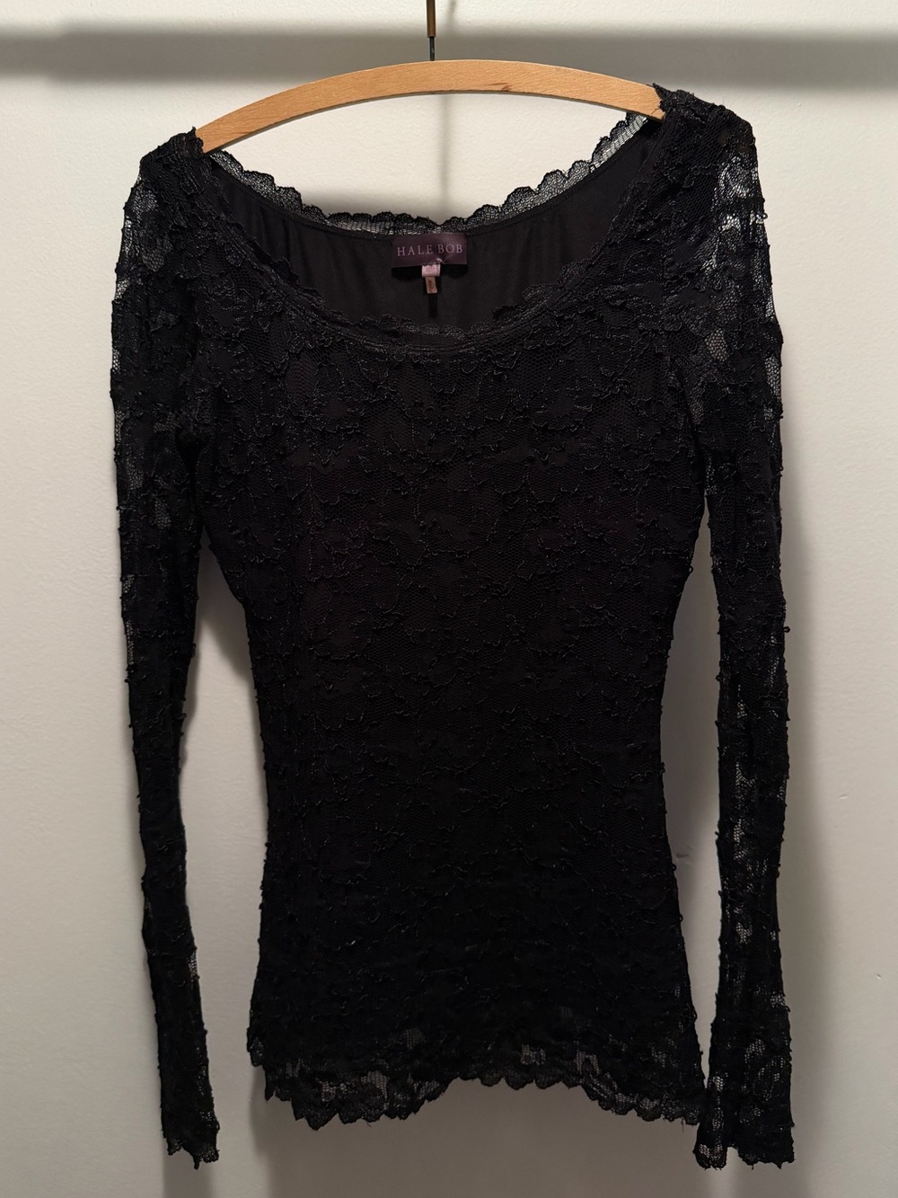 Hale Bob Black Long-Sleeve Lace Scoop Neck Top - Picture 1 of 4